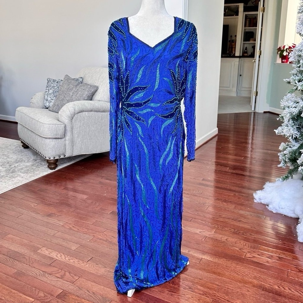 Vintage Handmade Luxury Fully Beaded Long Sleeve Embellished Gown Dress